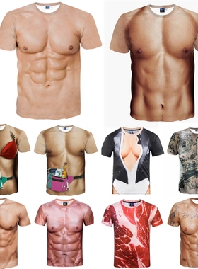 潮流肌肉男T恤3D性感仿真六8块腹肌短袖修身创意恶搞图案大码衣服