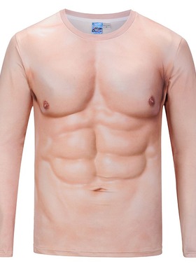 假肌肉腹肌搞笑整蛊长T恤年会服装男cosplay假腹胸肌表演道具衣服