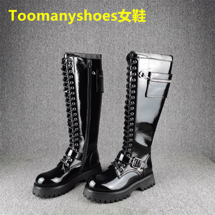 侧拉链高筒单靴子女 Toomanyshoes休闲机车马丁靴女断码 处理秋冬款