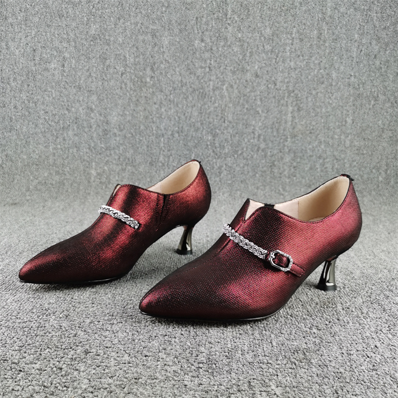 清仓断码处理压纹羊皮深口单鞋女春秋新款尖头细高跟套脚真皮女鞋