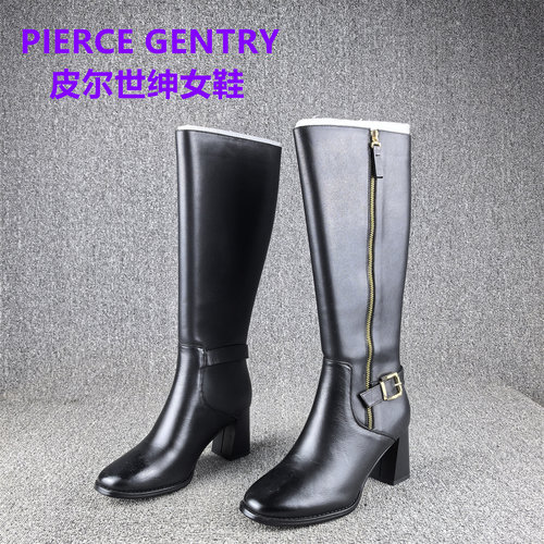 正品撤柜皮尔世绅时装长靴女PU+牛皮粗跟高筒冬季保暖加绒棉鞋子