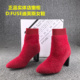 瑕疵处理欧美风红色毛毛弹力瘦瘦靴女秋冬新款 尖头高跟短筒单靴子