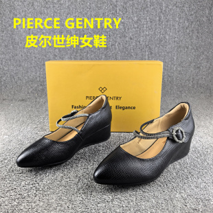 撤柜处理皮尔世绅真皮女鞋春秋款尖头坡跟浅口头层牛皮单鞋女