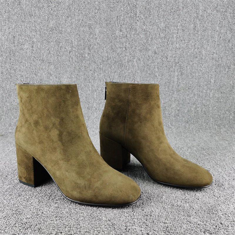 正品撤柜处理羊反绒皮女鞋秋冬新款气质百搭粗跟真皮短筒单靴子女,女鞋,时装靴,淘宝优惠券,粉丝福利购,淘宝优惠卷