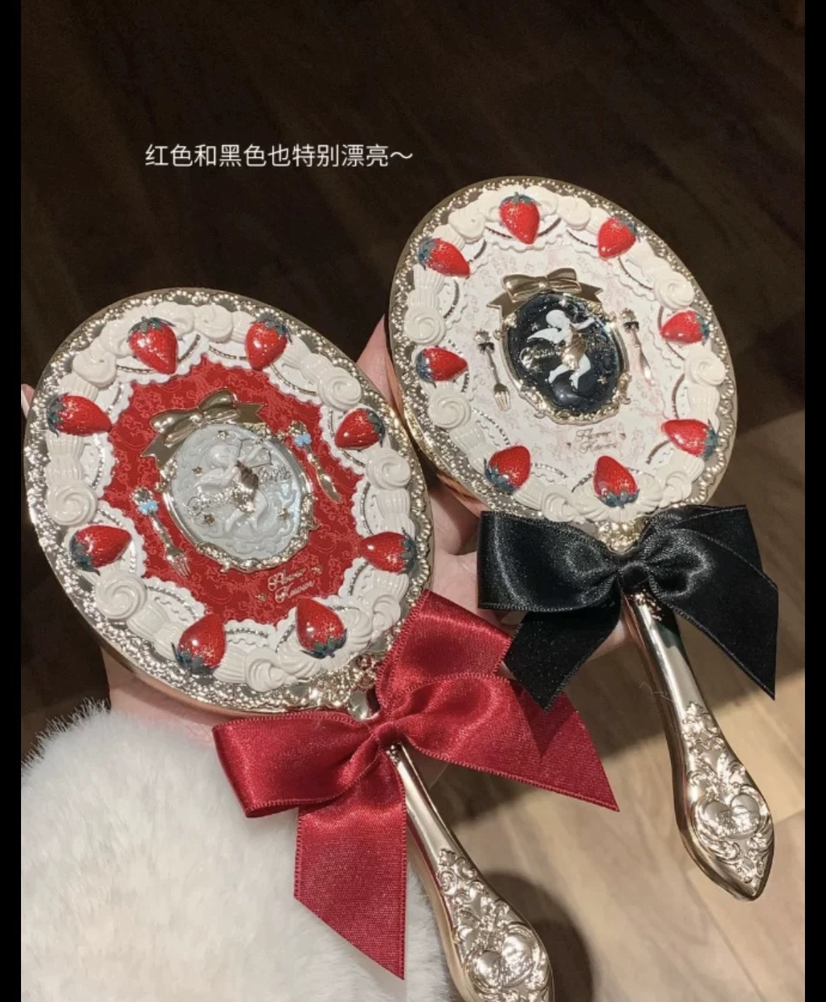 花知晓草莓丘比特镜子牛奶粉红丝绒奶昔白手持镜可爱日式洛丽塔镜