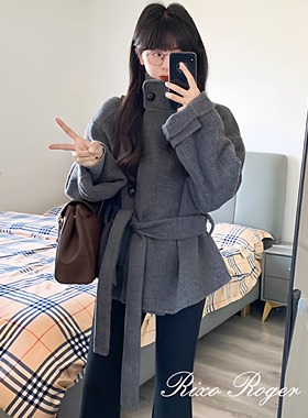 法国Rixo Roger冬季新款高端韩系气质灰色立领系带毛呢外套大衣女
