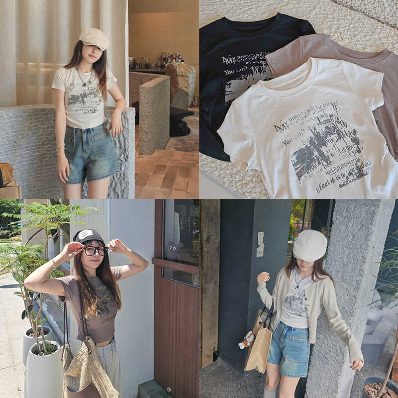 夏季修身印花小个子女ins短袖