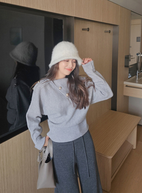 慵懒感不规则翻领灰色针织衫女2025冬季独特漂亮轻熟气质加厚毛衣