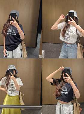chic韩系甜美风白色短袖t恤女2026夏新款小众牛角包印花纯棉上衣