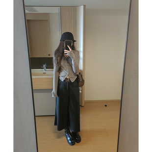 黑色PU皮七分皮裤显瘦拉链休闲哑光口袋休闲裤宽松直筒阔腿裤拖地