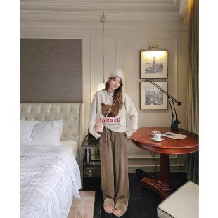 小个子拖地裤 2025棕色秋冬加绒欧棉绒阔腿休闲宽松垂感直筒显瘦