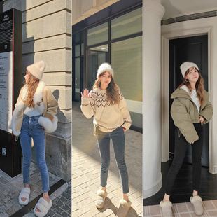 不包邮/小个子超高腰牛仔裤女紧身弹力显高加绒铅笔修身小脚裤女