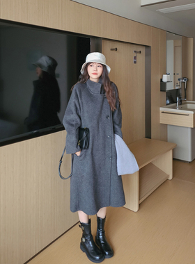MISS158小个子立领双面羊毛大衣2025冬季女深灰色宽松显瘦外套