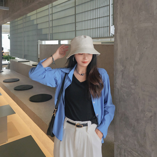 夏 小矮个子150韩系纯色衬衫 上衣女155韩版 polo领防晒开衫 外套xs码