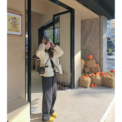 新款加绒灰色慵懒风运动裤