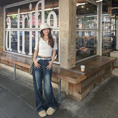 150小个子女复古宽松牛仔阔腿裤