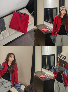 灰色圆领假两件针织开衫外套女秋冬慵懒风独特短款拼接小个子上衣