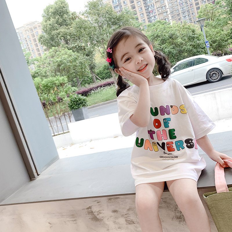 亲子装T恤2022夏装新款女童中长款T恤儿童中小童洋气T恤裙母女装