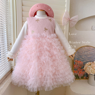 加绒印花蝴蝶结连衣裙套装 女童加绒打底 25D020 樱花手札 2025冬