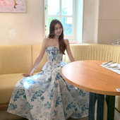 Baby61 复古蕾丝印花抹胸长短茶歇连衣裙女新款 海岛清茶 法式