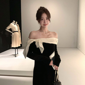 Baby61 一字肩丝绒连衣裙女现货女春 名媛撞色修身 嘉伯丽尔 法式