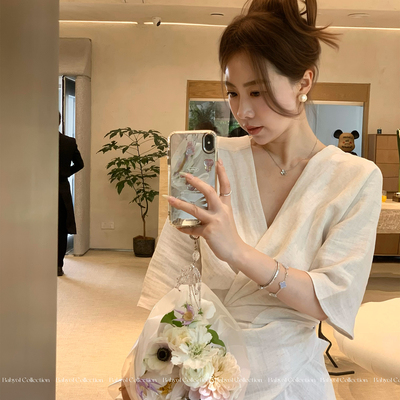 Baby61清冷感V领收腰绑带连衣裙