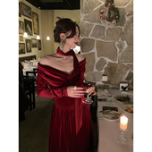 Baby61 一字肩v领立裁丝绒飘带礼服裙 新年战裙 Muse Dress