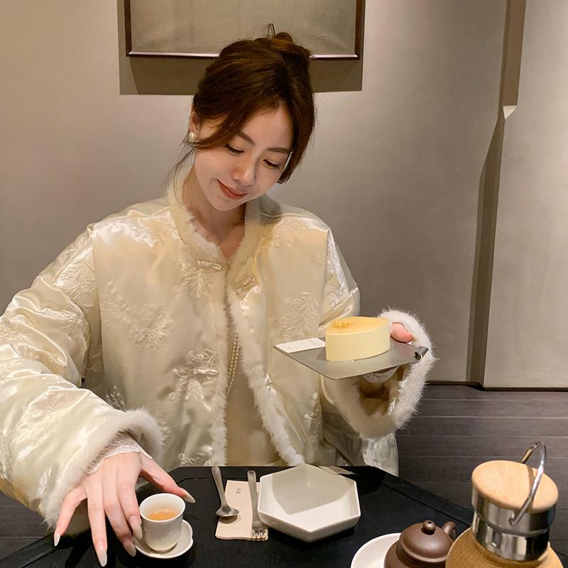 Baby61【浮华若梦】新中式重工刺绣醋酸缎拼接环保水貂保暖羽绒服