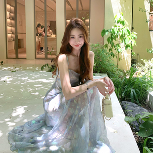 Baby61【辛de瑞拉】法式重工亮丝提花人鱼姬吊带斜裁连衣裙女新款