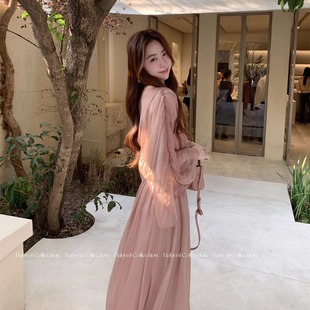 国风水袖 清冷风v领优雅新中式 茶歇长连衣裙 柔雾虞美人 Baby61
