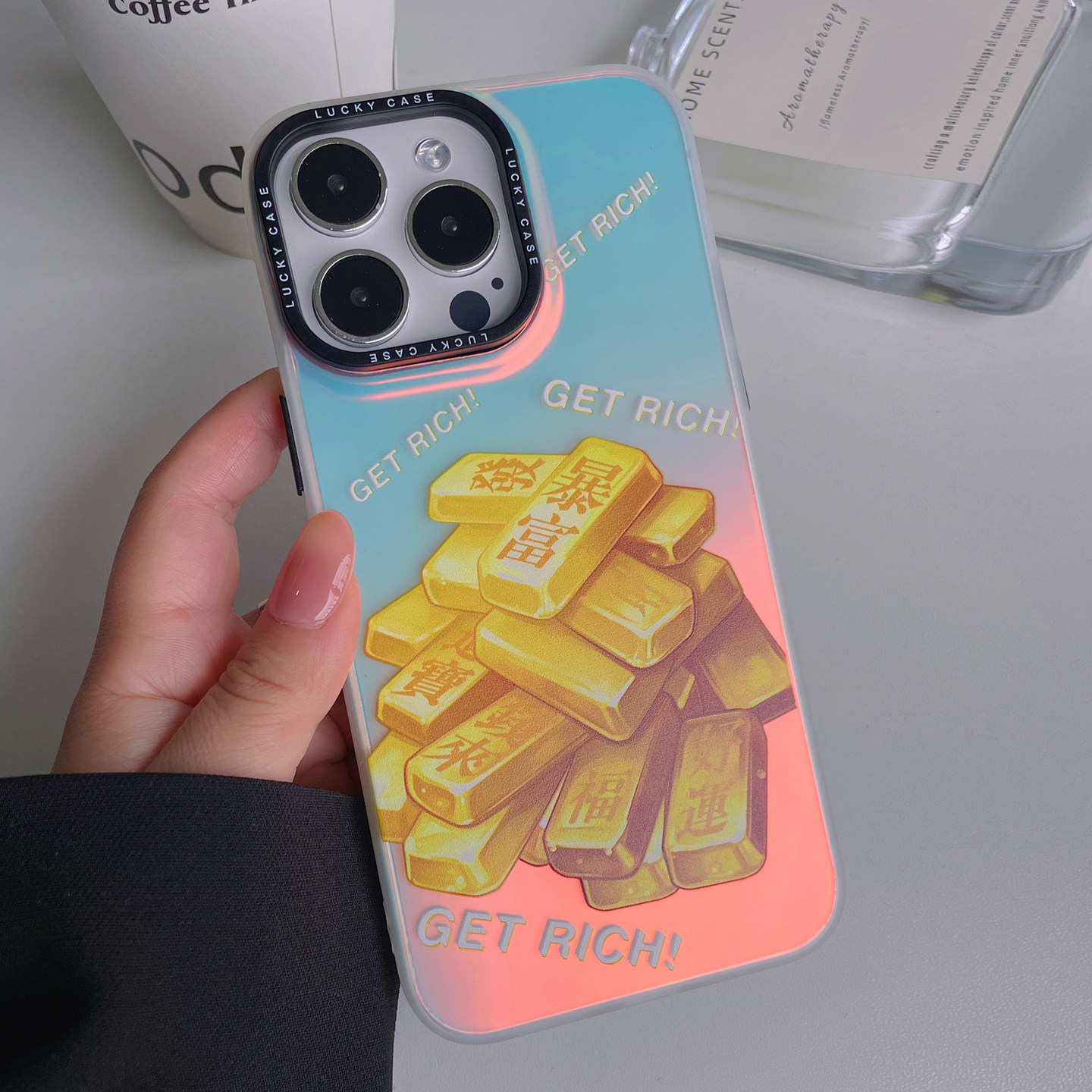 暴富发财手机壳镭射渐变手机壳
