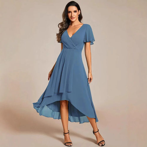 Lotus Sleeve Pleated V-neck A- Line Mid-length