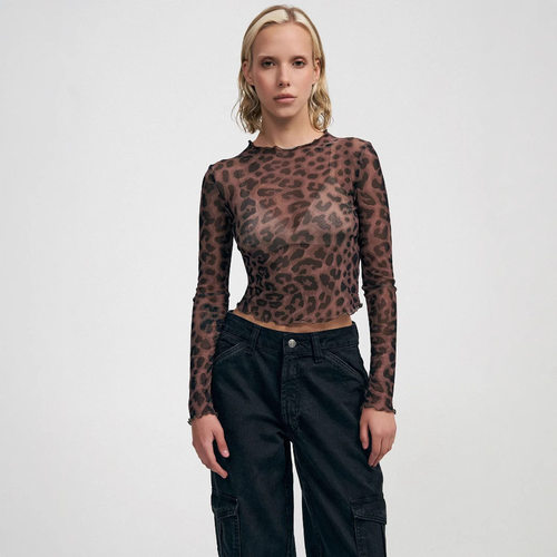 S32280 Women Sexy Leopard Print Mesh Printed Tight T-shirt W