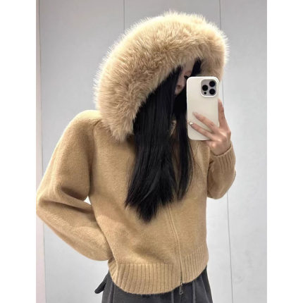 2026 Super Nice Hooded Big Fur llar Short Maillard Knitted C