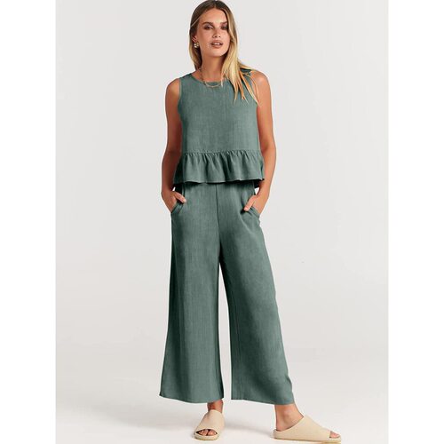 2026 Women's Sleeveless Pleated Vest Wide-leg Cropped Pants