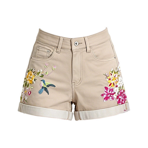 Women's Wide Sretch Shorts Heavy Embroidered Flower Denim Sh