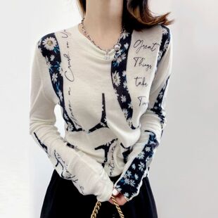 Western Style Thin Slightly See-through Printed Round Neck C