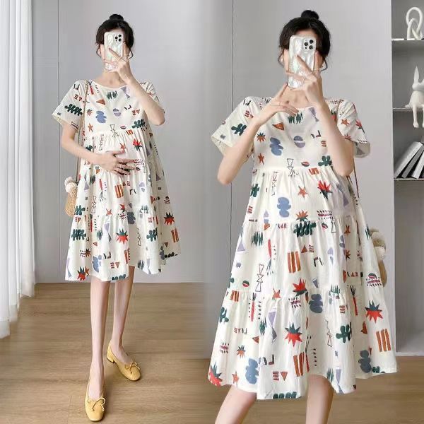 Maternity Dress Short-sleeved Mid-length Floral Skirt Loose