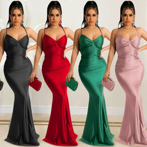 Solid lor Sexy Halter Wrap Chest Backless Strap Tight Dress