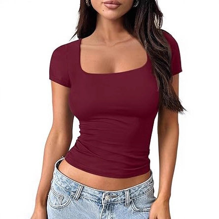 2026 Women's Solid lor Slim U-collar Short-sleeve T-shirt Sk
