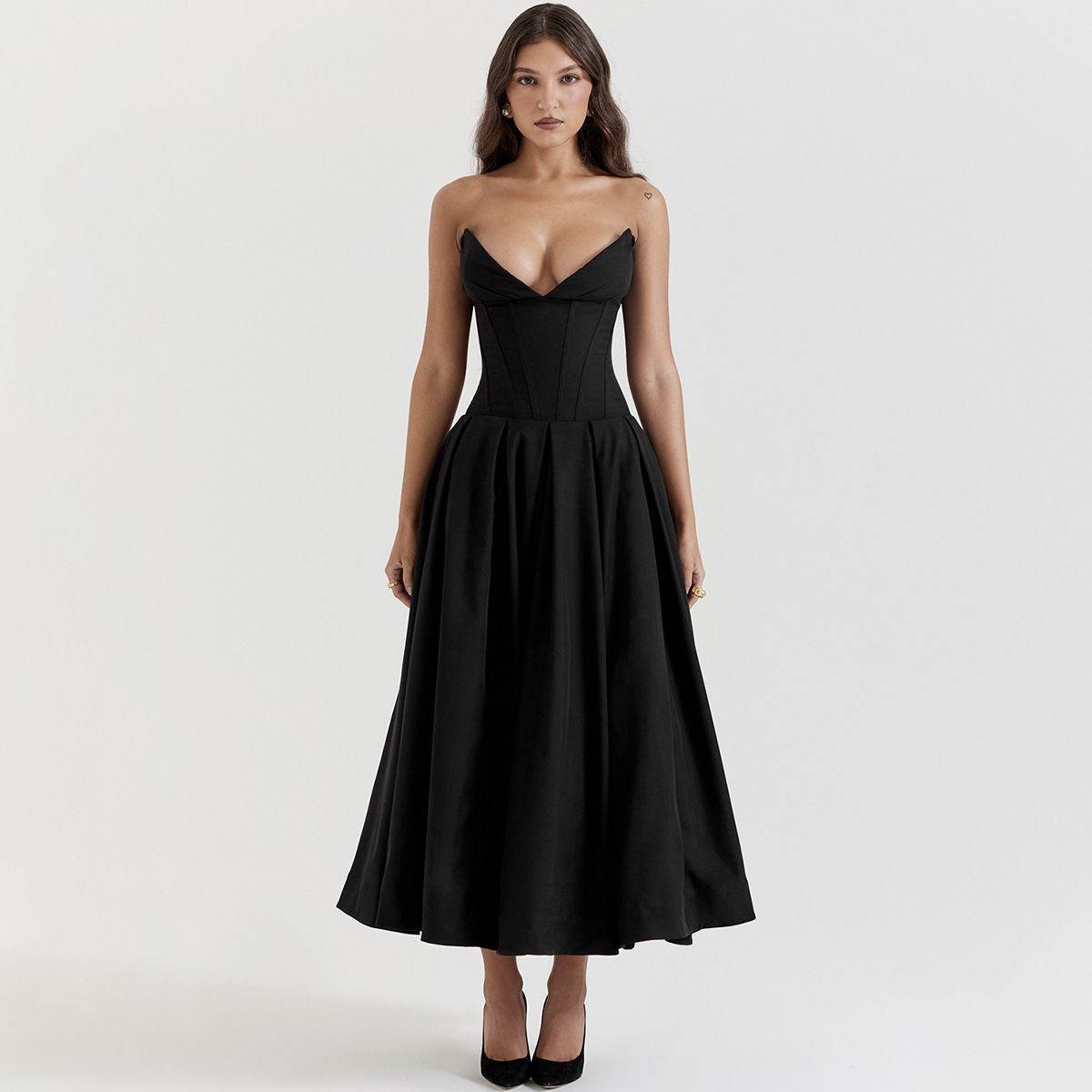 Women's Dress Sexy Strapless Backless Fishbone Waist Black D