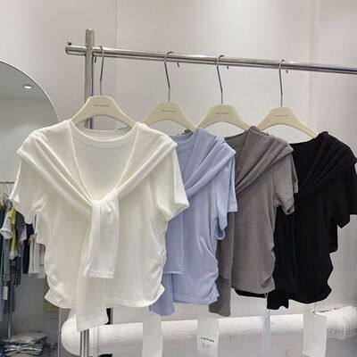 Super Feel l tton Design Niche Shawl Fake Two Piece T-shirt