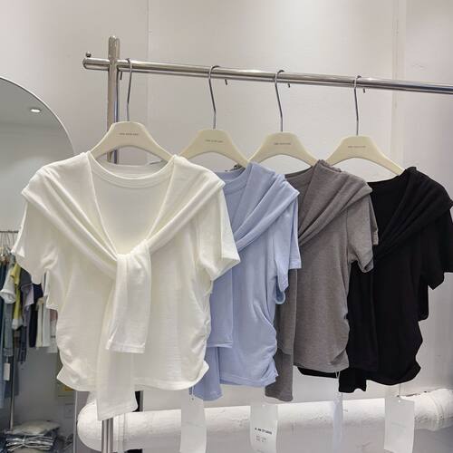Super Feel l tton Design Niche Shawl Fake Two Piece T-shirt