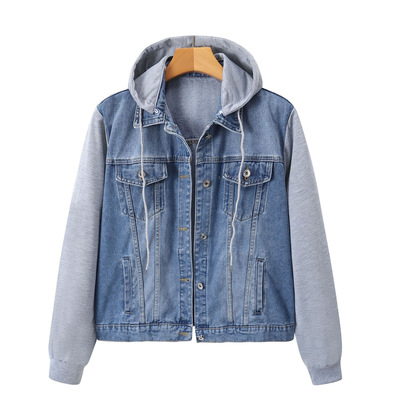 Hooded Patchwork Denim Jacket For Women, Loose Oversized Jac