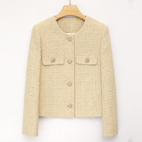 Beige Gold Thick Versatile Wool Tweed Elegant Simple Women's
