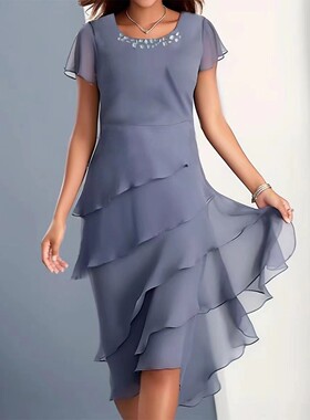 Station 2026 Stitching Chiffon Crew Neck Short Sleeve