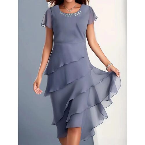 Station 2026 Stitching Chiffon Crew Neck Short Sleeve