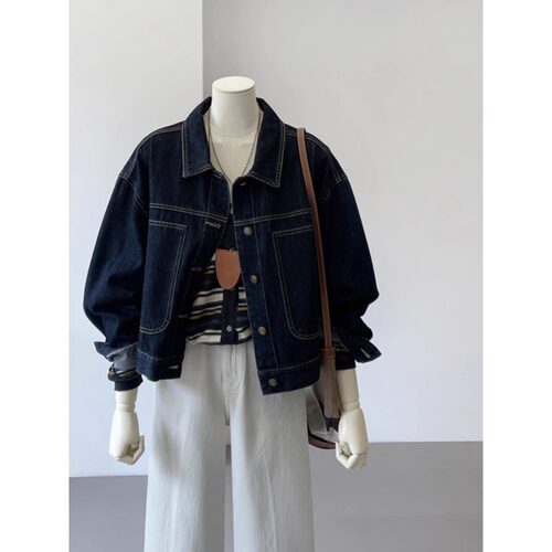 Dark Blue Short Denim Jacket For Women Korean Style Casual P