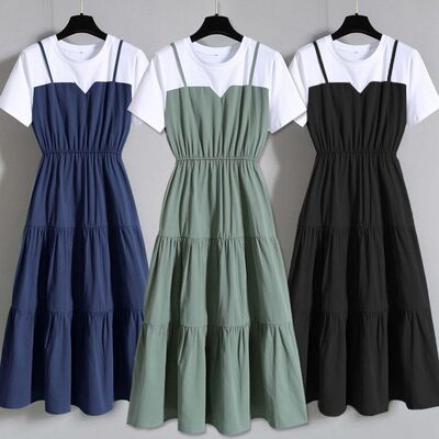 Fashion Suspenders Fake Two-piece Dress 2026 Fat Sister Wais