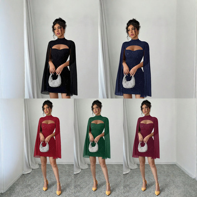 Women's Round Neck Pit Pearl Chiffon Cloak Hip Women